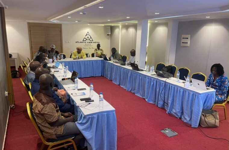 Atelier du projet RACINE réuni en table en U dans une salle de conférence à Conakry.